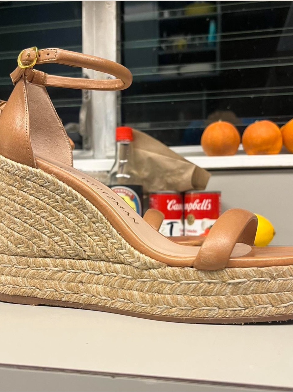 Stuart Weitzman Cognac Leather Espadrille Wedge Sandals - Picture 5 of 7